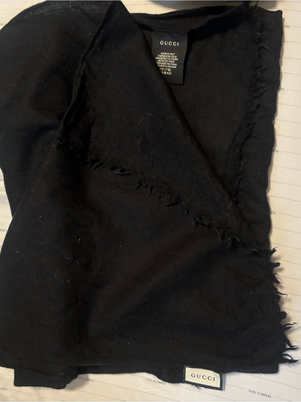 Gucci Black Frayed-Edge Wool Scarf